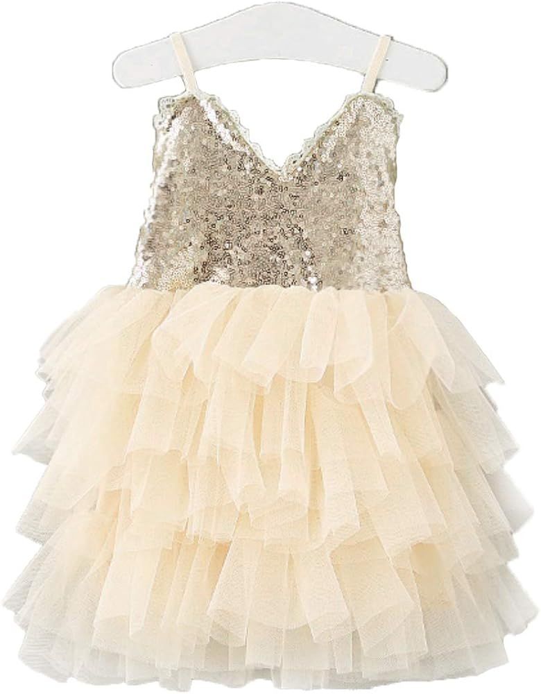 Amazon.com: Topmaker Sequin Flower Girl Dress Girl Birthday Party Dress (Tiered Ivory, 5-6Y): Clo... | Amazon (US)