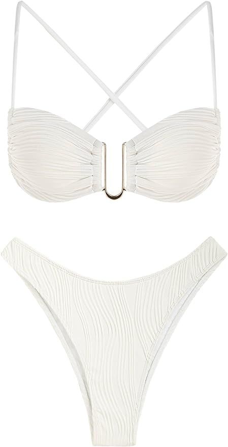 ZAFUL Textured V-Wire Bikini Sets for Women 2 Piece Swimsuits Ruch Ribbed Criss Cross Bathing Sui... | Amazon (US)