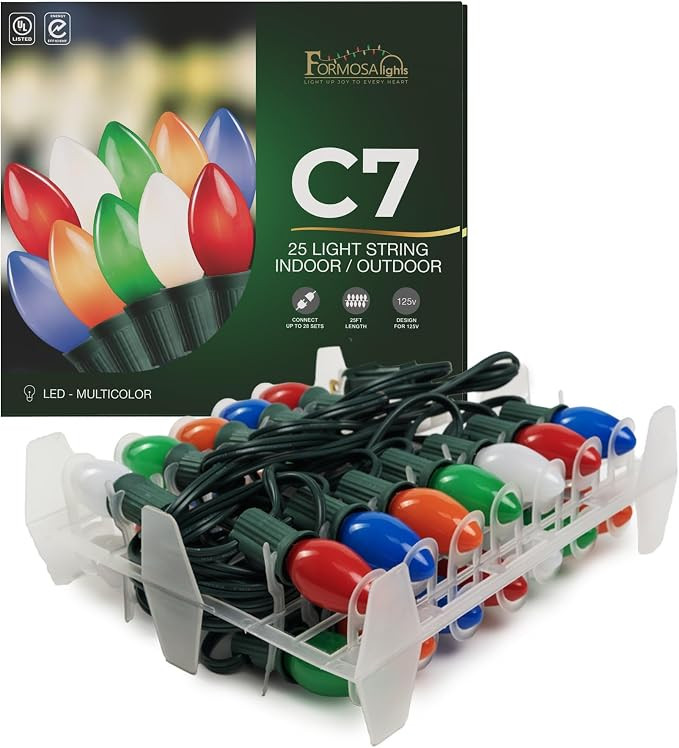 C7 26ft Indoor/Outdoor Opaque Multicolor LED Christmas String Lights with 25 Bulbs | 120V, 0.6W | Amazon (US)