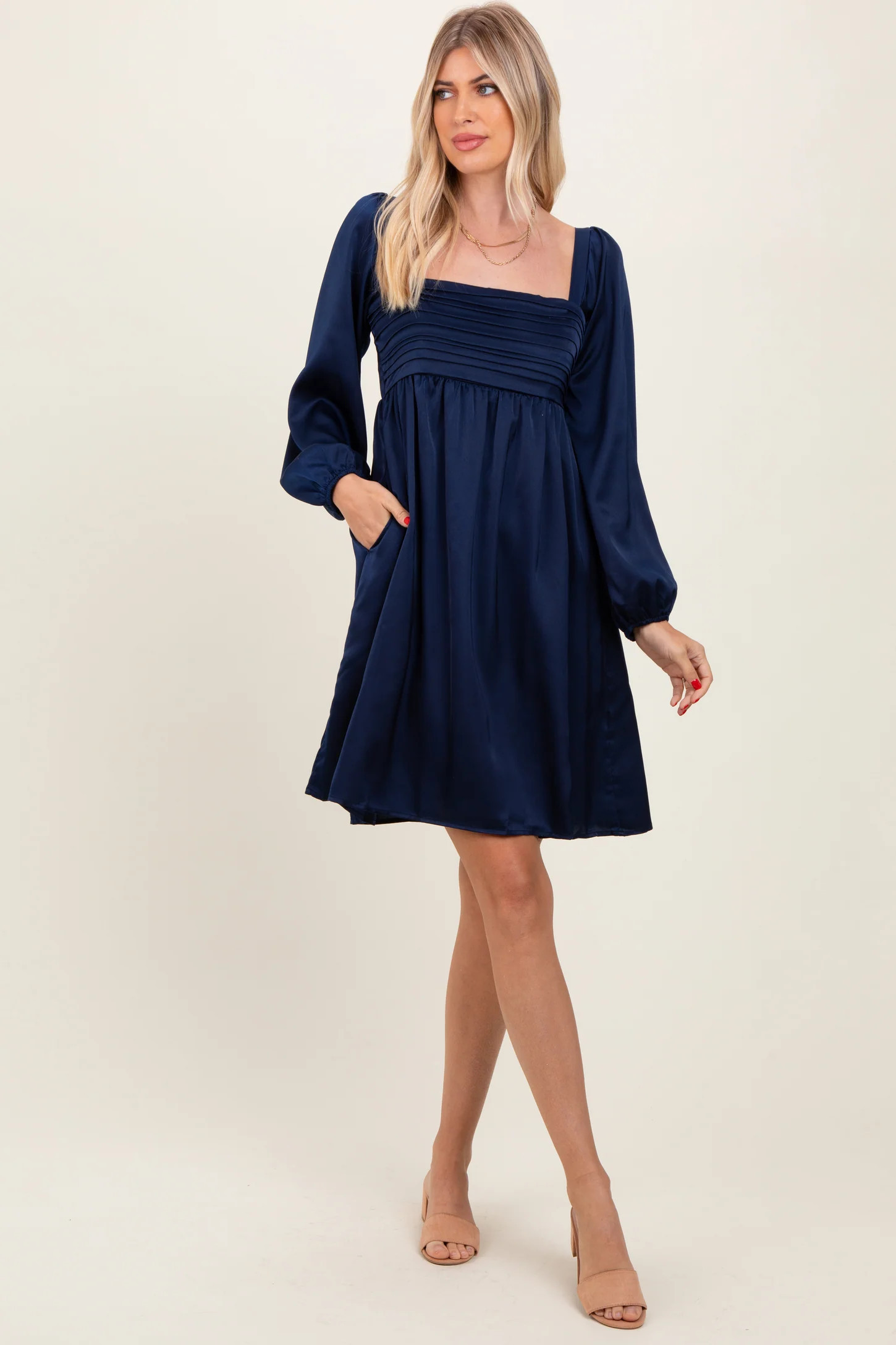 Navy Blue Satin Pleated Detail Bodice Dress | PinkBlush Maternity