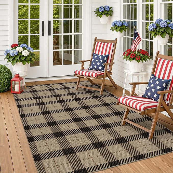Easy Jute Area Rug 5x7, Black & Tan Plaid Rug, Washable Indoor Outdoor Farmhouse Rug for Living R... | Amazon (US)
