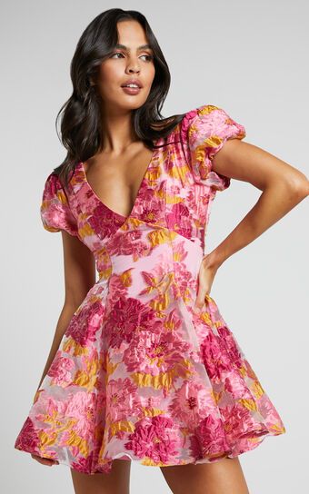 Brailey Jacquard Puff Sleeve Mini Dress in Pink | Showpo (US, UK & Europe)