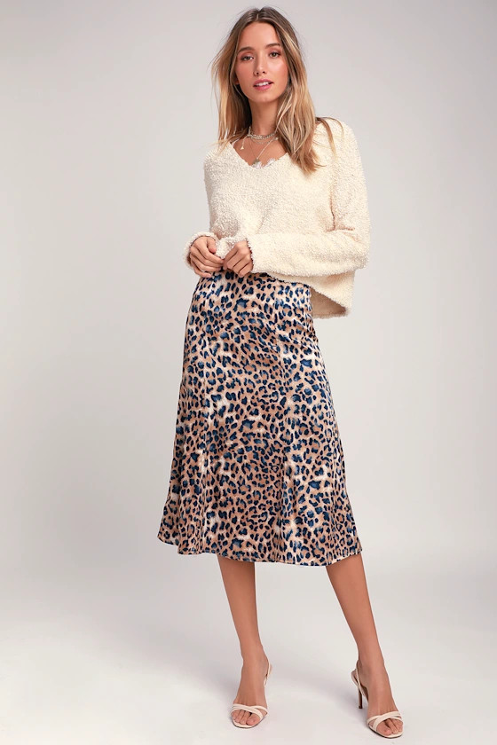Global Icon Tan and Navy Blue Leopard Print Satin Midi Skirt | Lulus (US)