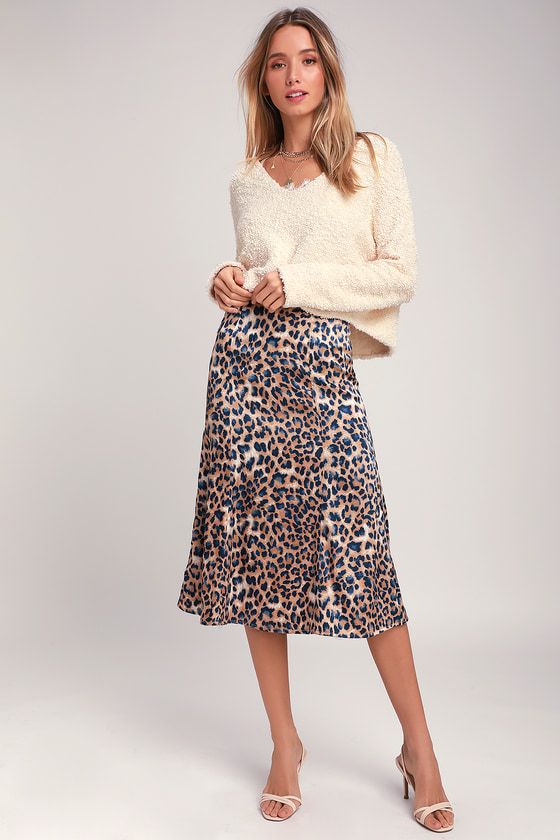 Global Icon Tan and Navy Blue Leopard Print Satin Midi Skirt | Lulus (US)