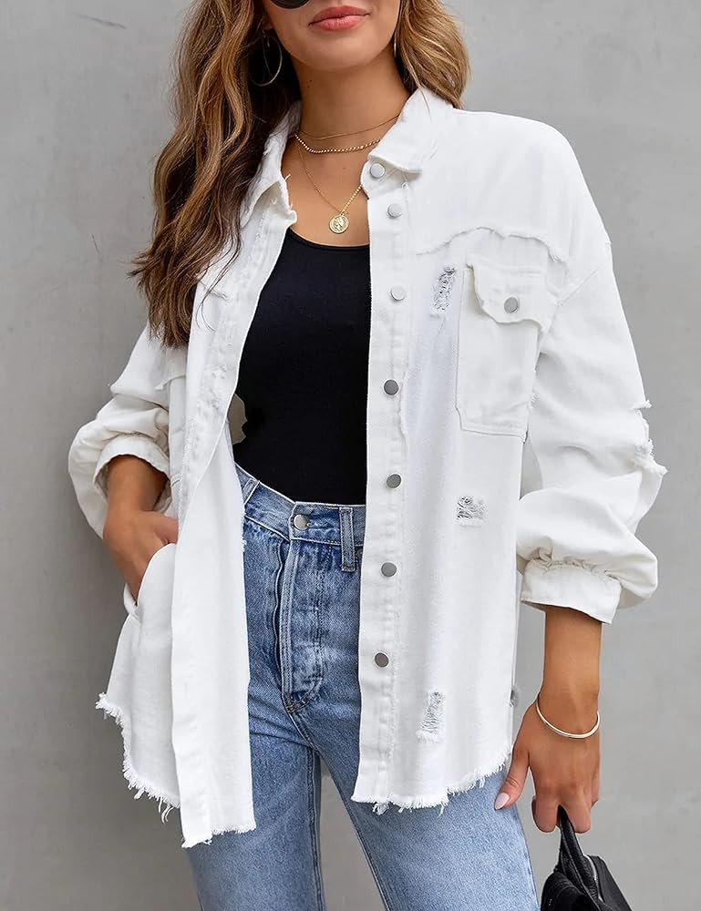 PUWEI Ripped Fringe Jean Jacket Women Distressed Washed Button Down Frayed Denim Shacket with Poc... | Amazon (US)