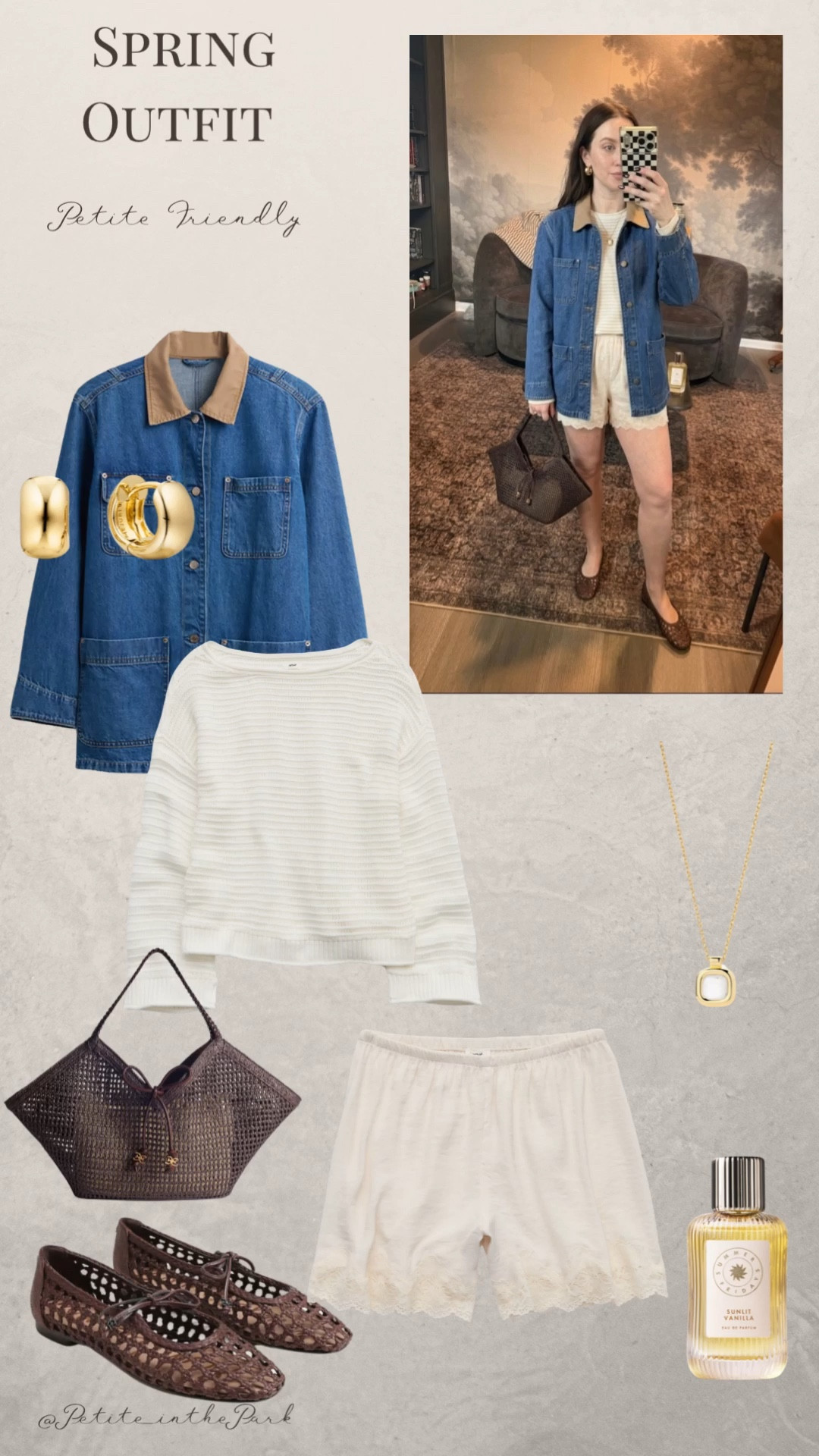 Spring petite outfit  

Spring outfit, spring trends, casual spring outfit, petite spring outfit, spring fashion, spring style, petite style, petite spring style, casual petite barn jacket, denim jacket, barn coat, Spring coat, white sweater, high waisted shorts , lace shorts, satin shorts, flats , brown flats , leather flats , shoulder bag, rattan bag, brown bag, brown purse, gold earrings, gold hoop earrings, gold necklace, minimal jewelry  #casualoutfit #petiteoutifts #springoutfits #springoutfit2026 #springtrends 


#LTKPetite #LTKSeasonal #LTKmomlife