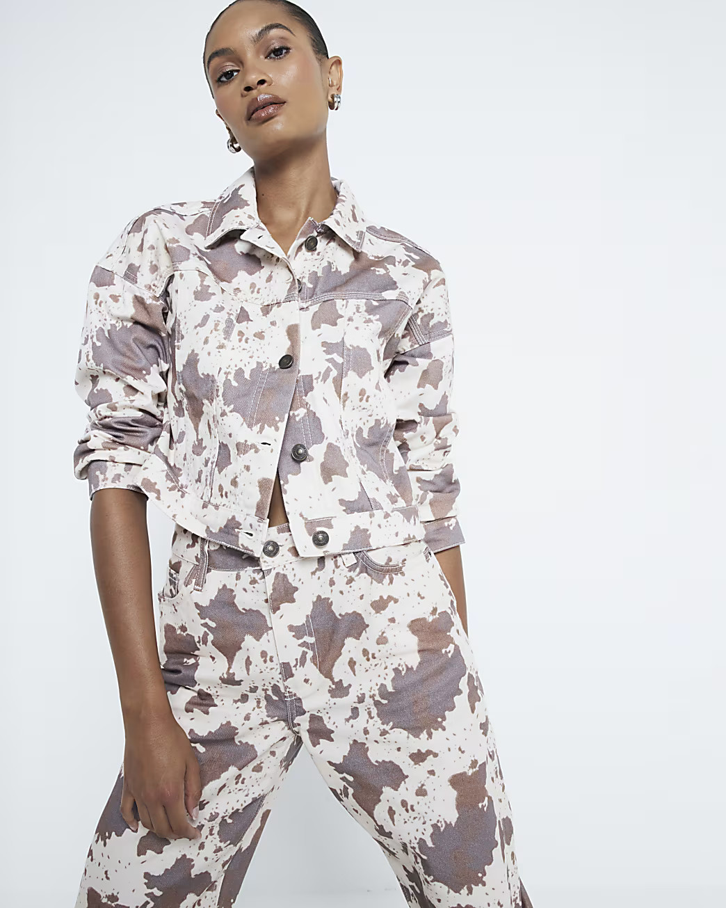 Brown Cow Print Denim Jacket | River Island UK & IE