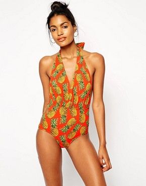 ASOS Pineapple Print Wrap Plunge Swimsuit | ASOS US