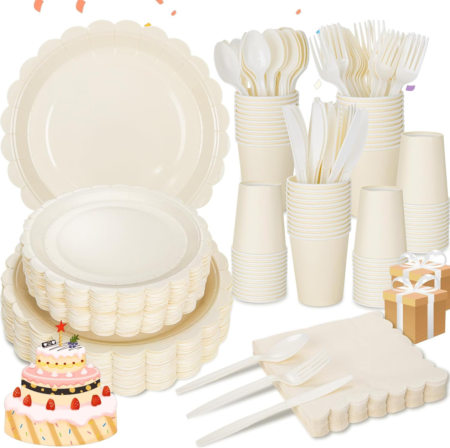 LIYH 350 Pcs Ivory Paper Plates and Napkins 50 Guest Cream Party Supplies Include Ivory Scalloped... | Amazon (US)
