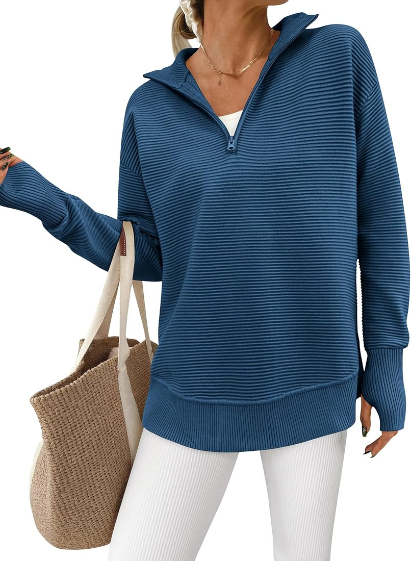 PRETTYGARDEN Womens Long Sleeve Quarter Zip Pullover Sweater Casual Loose V Neck Collared Ribbed ... | Amazon (US)