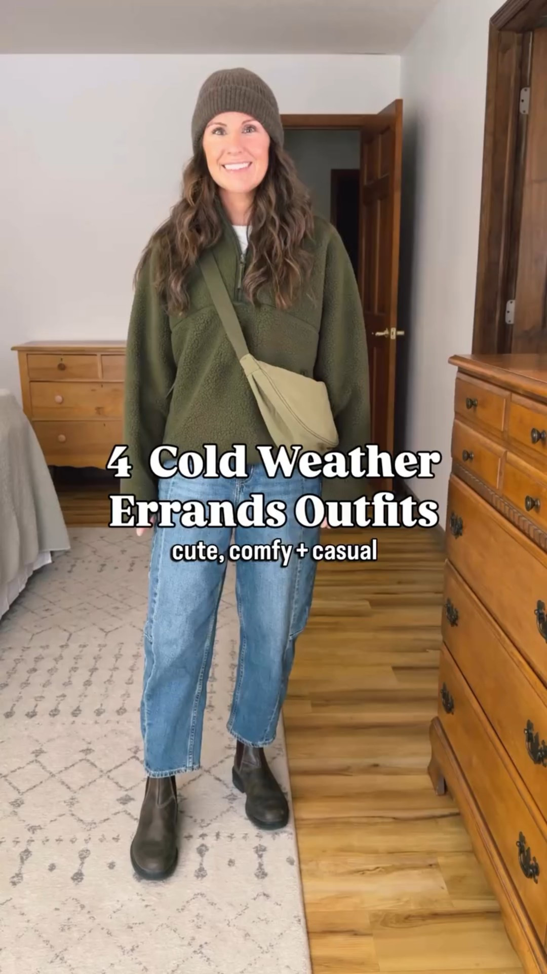 We’re in the final countdown to Christmas and I’m running around like crazy getting all my last-minute errands finished💨 

Here are 4 of my go-to cold weather errand outfits! It’s snowy and cold out, but I never want to be too hot in the car and in the store, so layers help me feel comfortable. These 4 outfits feel cute, comfy, and casual🥰

Outfit 1: a green sherpa pullover, barrel jeans, blundstone boots and a matching brown hat, and green bag. Green and brown look so good together🪵🌲
(Small in my tee, small in my Sherpa half zip, 0 petite in my barrel jeans and 6 in my blundstone boots! 
My bag is sold out so I linked similar ones.)

Outfit 2: a cream crewneck sweatshirt, a fuzzy brown sherpa vest, wide leg jeans, ugg tasmans, and a warm red hat and orange bag—I can never resist pairing brown, red, and orange together! It’s such a goof color combo🧡♥️🤎
(Wearing size small in my tee, xs in my crenweck (also own in burgundy and grey), xs in my Sherpa vest, 24 in the 26” inseam in my jeans, and my true size 6 in my ugg tasmans (also linked an affordable pair)

Outfit 3: a cream crewneck sweatshirt, a green vest, wide leg jeans, blundstone boots and a green hat and green bag—loving this monochromatic moment!🌲💚🍃🌳
(Wearing size small in my tee, xs in my crenweck (also own in burgundy and grey), small in my green puffer vest, 24 in the 26” inseam in my jeans, and my true size 6 in my blundstone boots. 
I linked my hat and some similar ones! 
My bag is sold out so I linked similar ones.)

Outfit 4: a red sherpa pullover, straight jeans, a black vest, black boots, a grey beanie hat, and my tan baggu belt bag—black and red is a classic combo and this look is super cozy ♥️🖤
(Wearing small in my red sherpa pullover, xs in my black puffer vest, 24 in a 26” inseam in my jeans and 6.5 in my boots (also linked more affordable ones) 

Which one would you wear?

#sherpapullover #sherpavest #errandsoutfit #petitefashion  #winterstyleinspo

#LTKFindsUnder100 #LTKSeasonal #LTKPetite