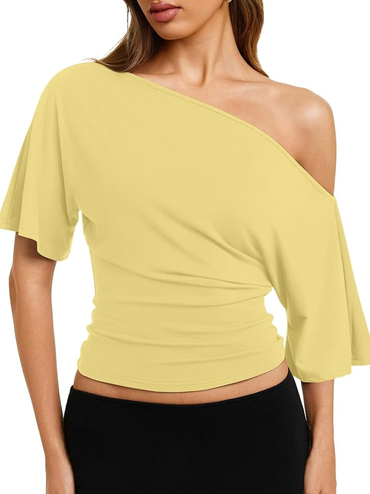 REORIA Womens Cinched Waist Off The Shoulder Tops Mid Sleeve Tee Shirts Casual Loose Summer Outfi... | Amazon (US)