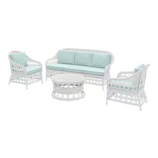 Hampton Bay Somersound 4-Piece Resin Wicker Patio Conversation Chat Set with CushionGuard Sea Bre... | The Home Depot