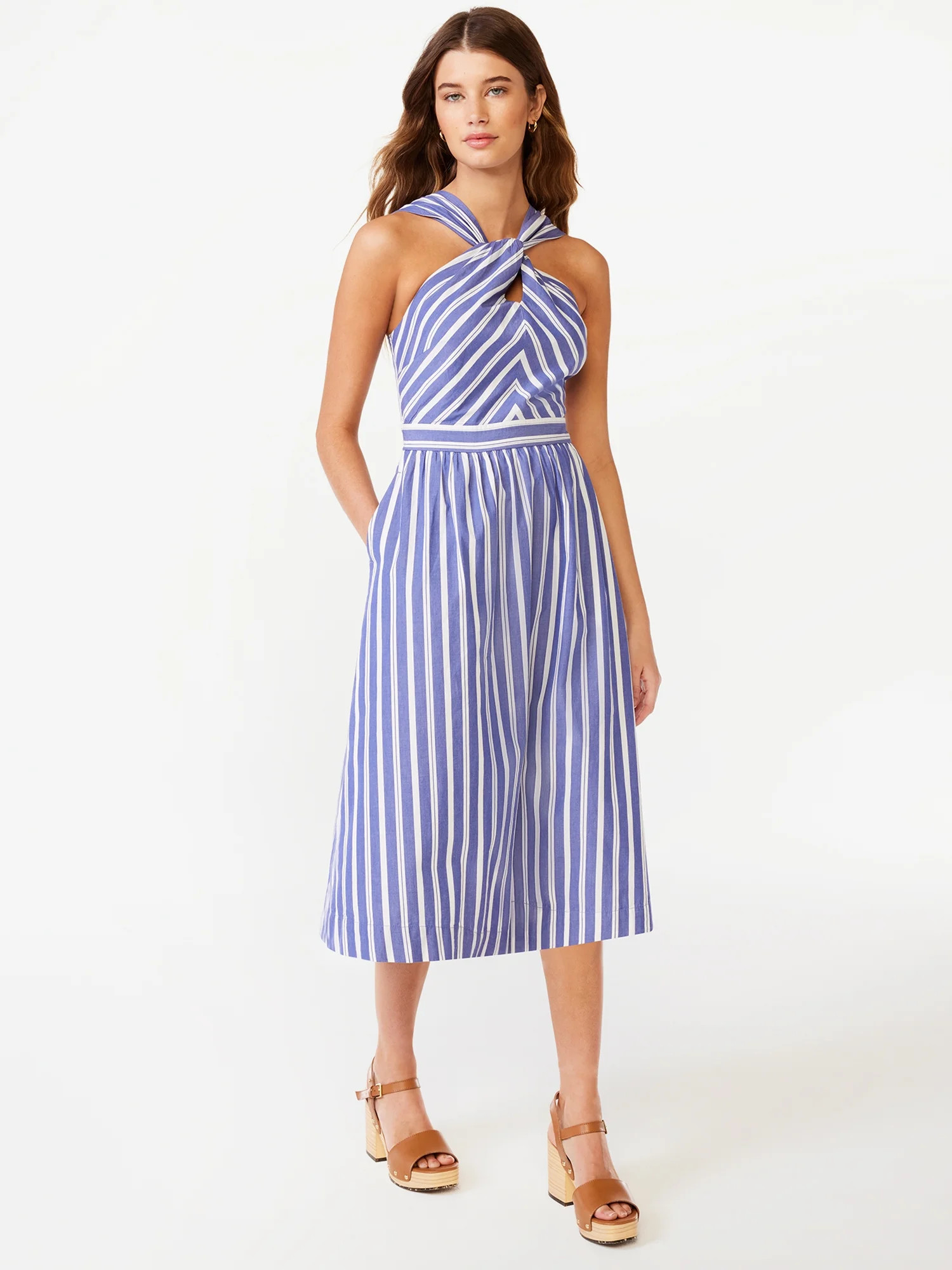 Free Assembly Women's Sleeveless Twist Knot Halter Fit and Flare Midi Dress, Sizes XS-XXL | Walmart (US)