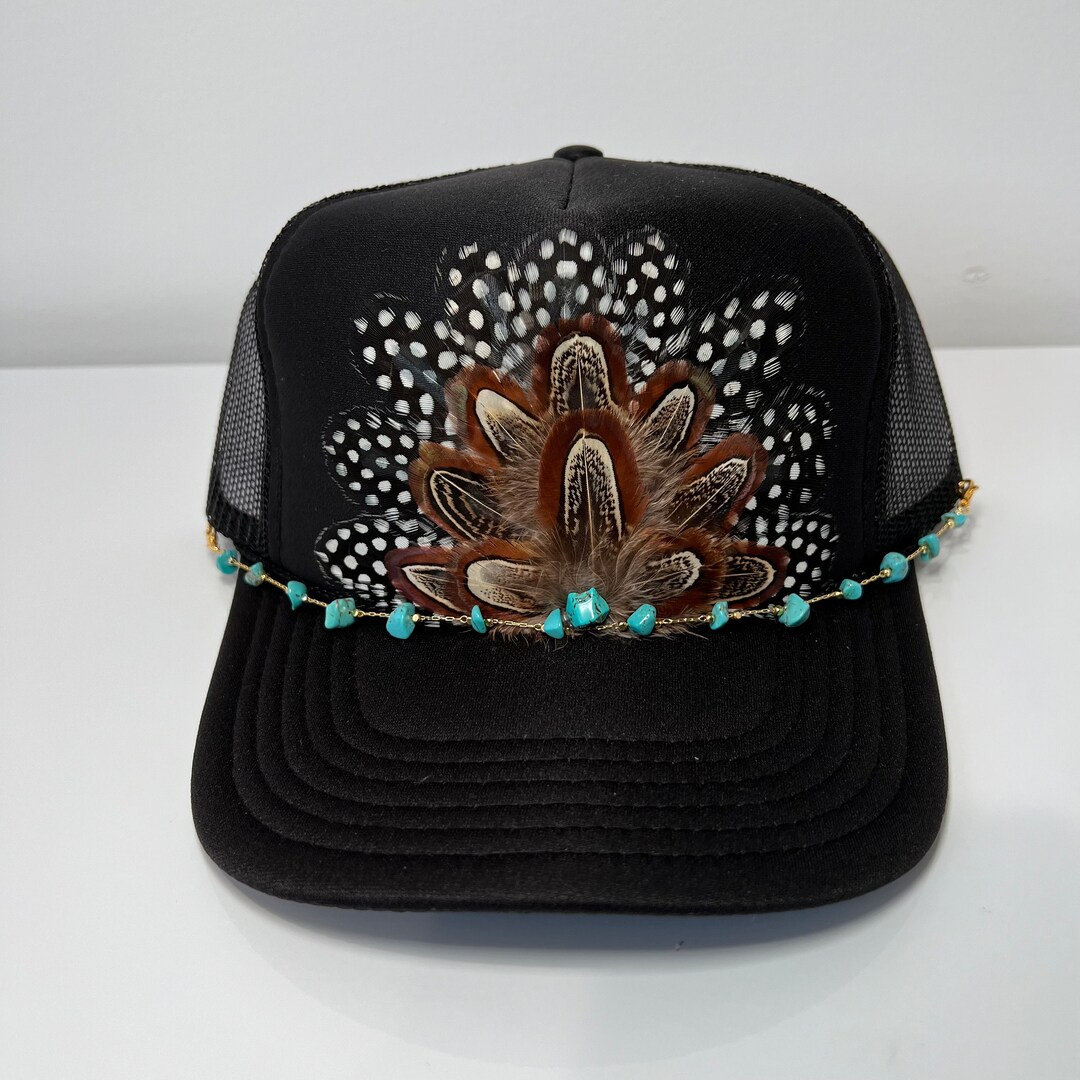 FEATHER Trucker Hat With BEADED Turquoise Hat Chain Cowgirl NFR Rodeo Hat Black White Spotted - E... | Etsy (US)