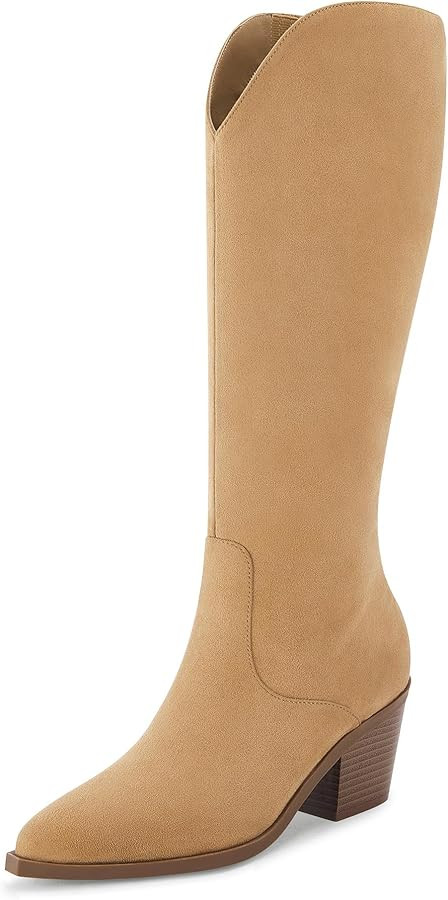 Coutgo Womens Cowboy Knee High Boots Wide Calf Pointed Toe Chunky Heel Western Cowgirl Fall Winte... | Amazon (US)