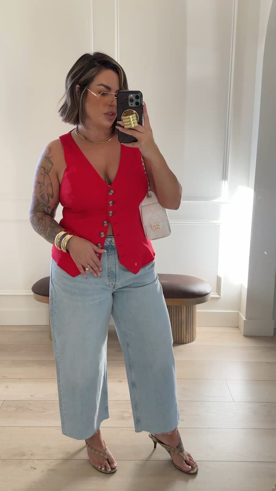 Vest L it has stretch ( worth the splurge ) ! ￼
Jeans sized up to 32 reg for a relaxed baggy fit but 31 also fit great too just depends on how you like them to fit. No stretch. 

Madewell in app sale ends the 18th so make sure to grab these now if you want to save some $$$ 

￼

#LTKxMadewell #LTKootd #LTKSaleAlert
