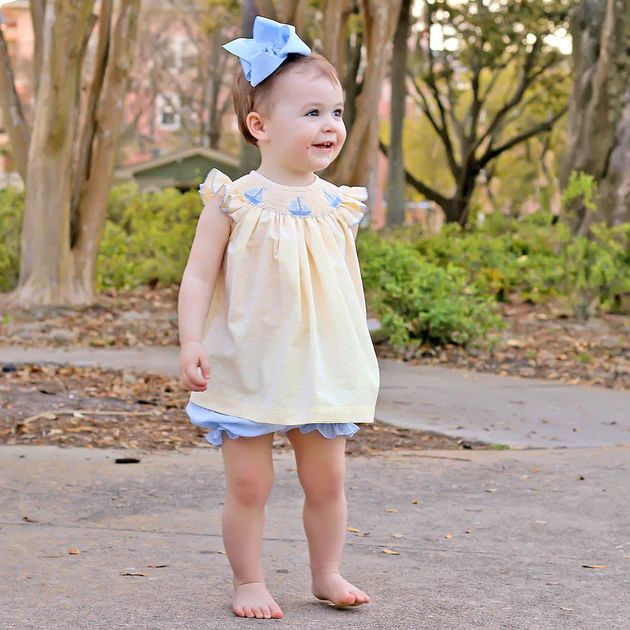 Sailboat Smocked Bloomer Set Yellow Stripe | Classic Whimsy