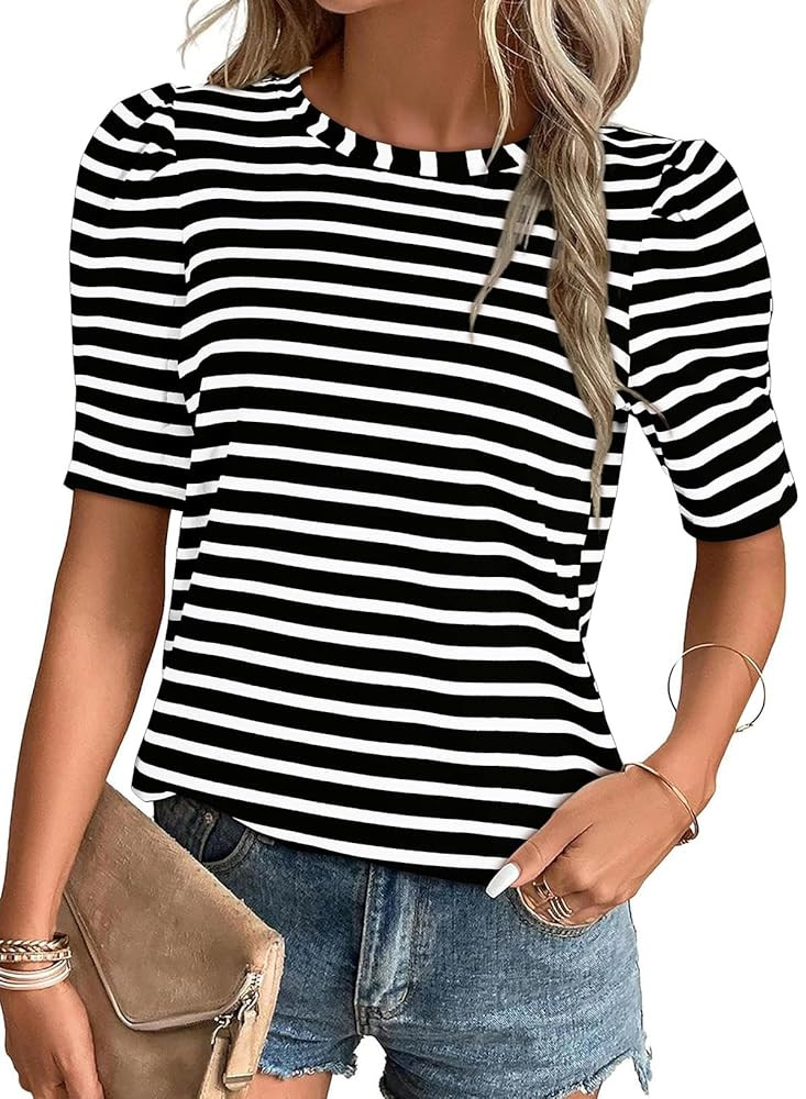 Dokotoo Women's Casual Short Puff Sleeve Crew Neck Striped T Shirts Summer Tops | Amazon (US)