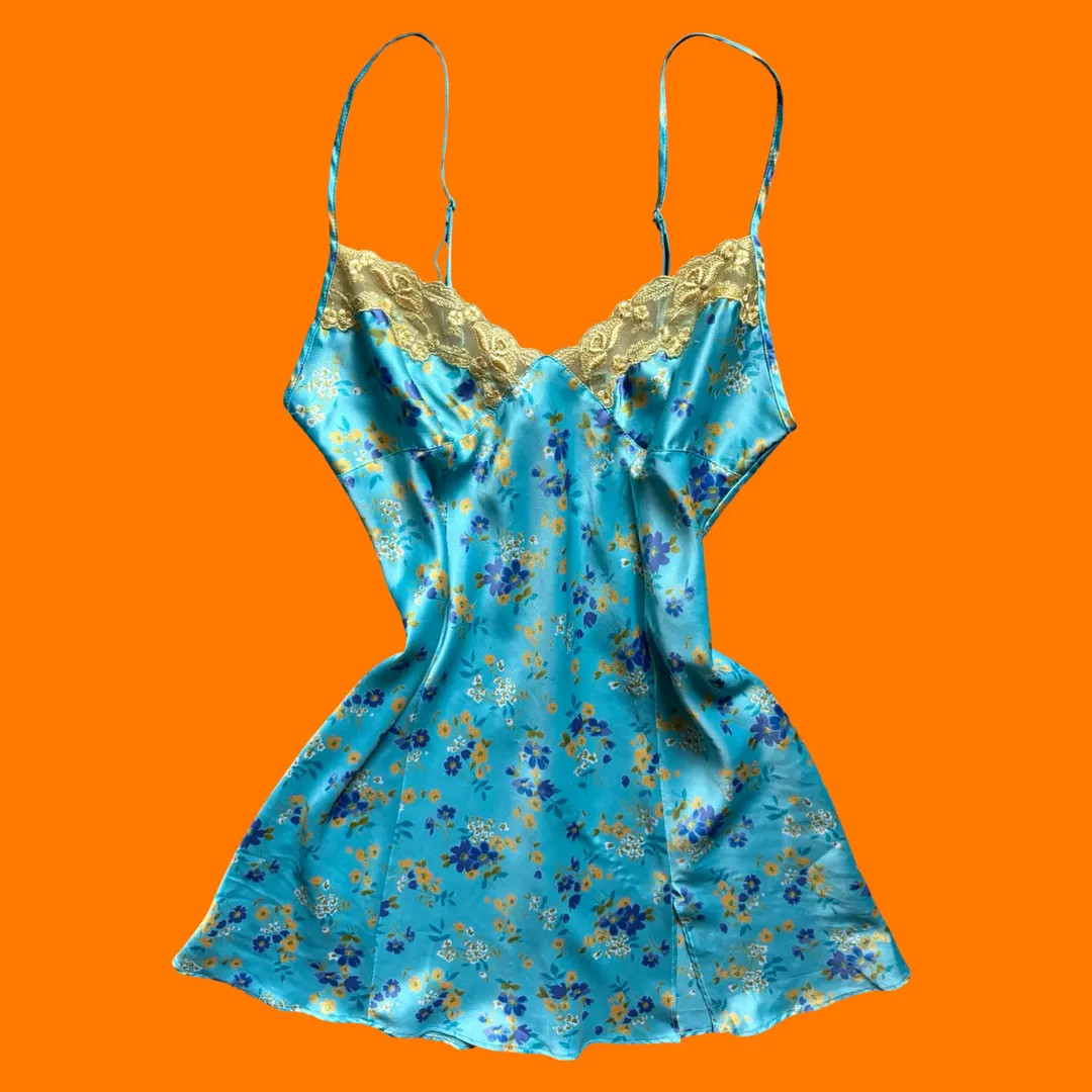 00's Vintage Baby Blue and Yellow Satin 100% Polyester Floral Print Y2k Mini Slip Dress MEDIUM Vi... | Etsy (US)
