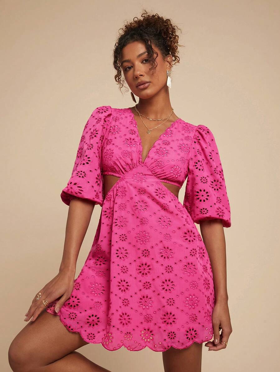 Travachic Solid Woven Cut-Out Waist V-Neck 3/4 Sleeve Women Mini Dress,Summer Outfits For Women,B... | SHEIN