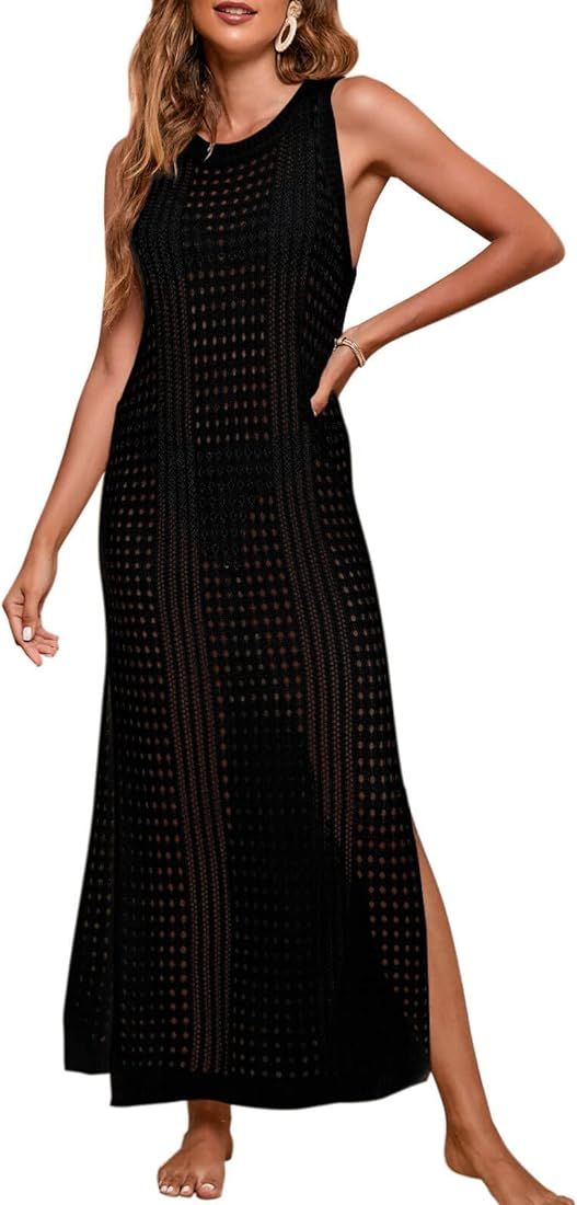 shermie Women's Crochet Swimsuit Cover Up Sleeveless Side Slit Long Beach Dress | Amazon (US)