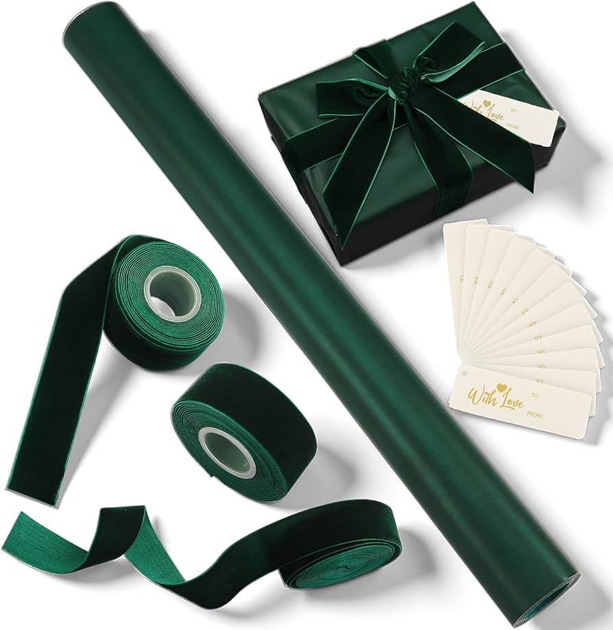 Ctosree Green Christmas Wrapping Paper Set with 32.81 ft Wrapping Kraft Paper 45 ft Velvet Ribbon... | Amazon (US)