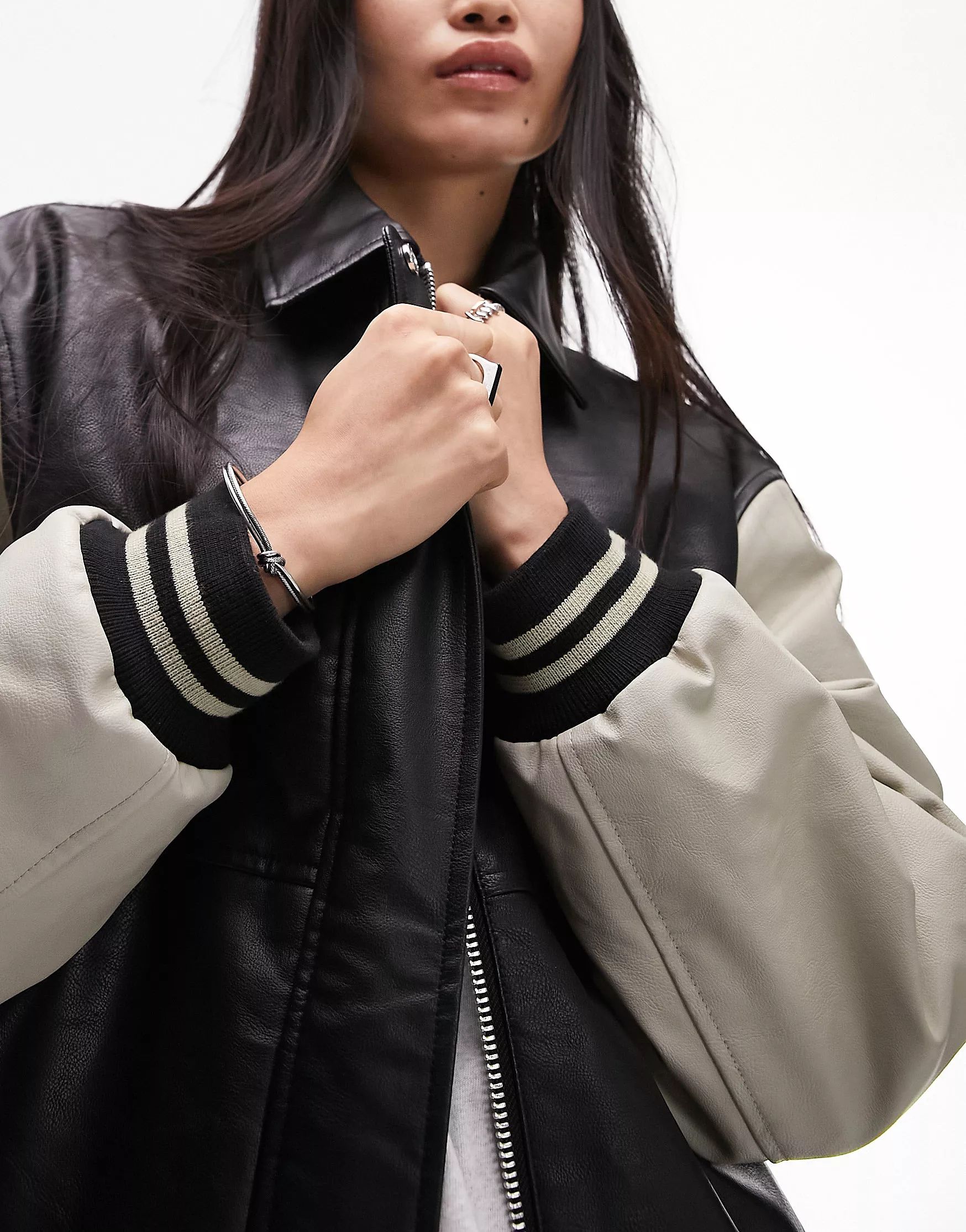 Topshop faux leather varsity contrast sleeve bomber jacket in black | ASOS (Global)