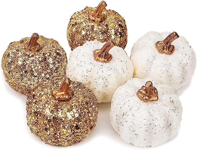 HAKACC Glitter Artificial Pumpkins, 6PCS Glitter Pumpkins for Decorating White and Gold Foam Pump... | Amazon (US)