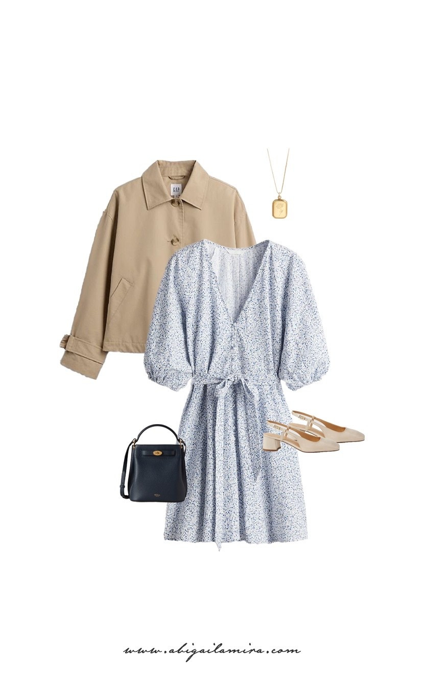 WHAT I'M WEARING WEDNESDAY 04/08/2026
Spring has arrived, making this the ideal outfit to welcome the new season. A flowy cotton dress featuring a lovely print, combined with a cropped trench coat, allows you to easily navigate the changing weather. Minimalist accessories, such as a warm-toned pendant, leather sling-back shoes, and a contrasting bucket bag, give this outfit an effortless and chic feel.

#LTKgrwm #LTKMidsize #LTKootd