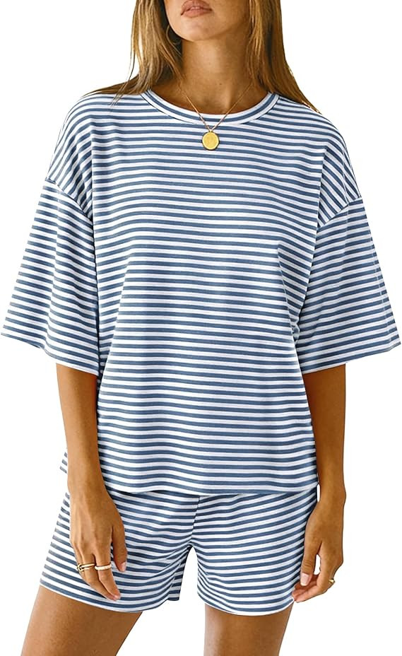 LOMON Two Piece Sets for Women Summer 3/4 Sleeve Tops and Elastic Waist Shorts Pajamas Cute Comfy... | Amazon (US)