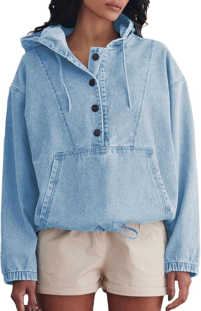 Women's Denim Hoodie Button Down Pullover Jacket Jean Sweatshirt Tops | Amazon (US)