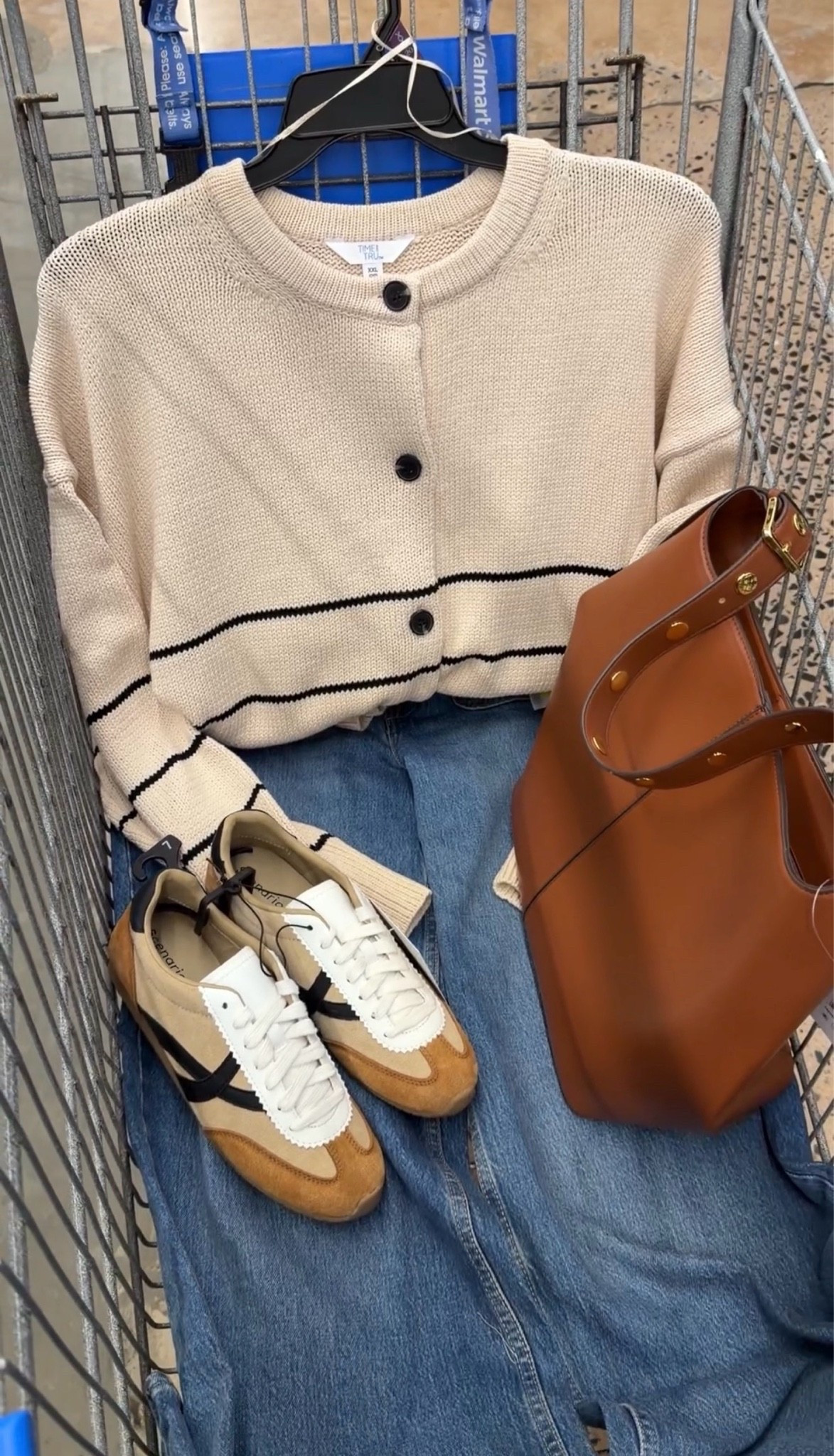 Walmart outfit idea with this cotton stripe cardigan and patch pocket wide leg jeans, plus the cutest new sneakers under $30. I got a small in the sweater, tts 6 jeans, shoes tts. #walmartfashion #walmartfinds
