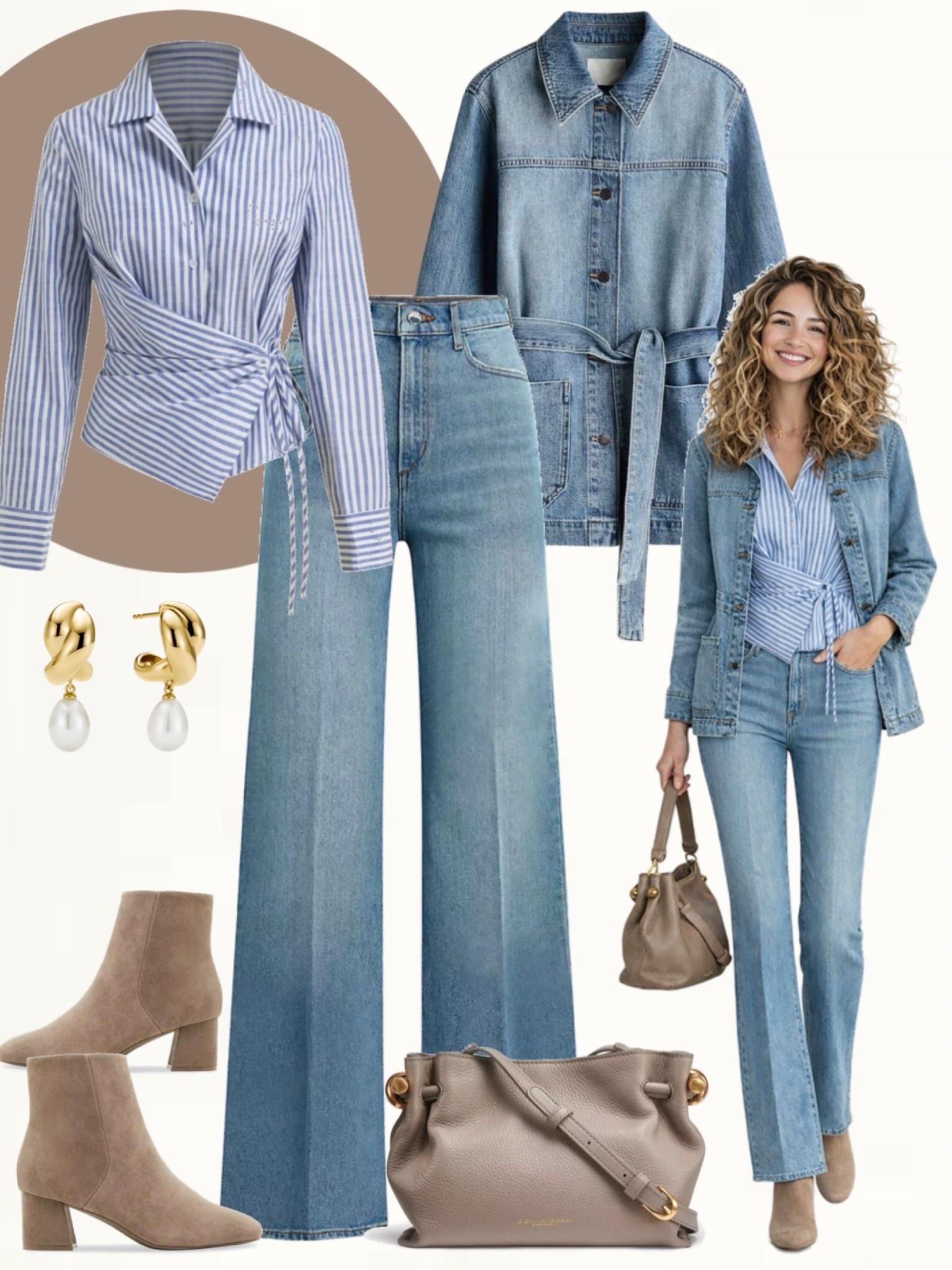 Blue and white striped wrap blouse styled with light wash straight-leg jeans and a matching denim jacket. Finished with taupe suede ankle boots, a soft taupe shoulder bag, and gold earrings for an easy, everyday spring outfit.
#casualspring #denimoutfit #everydaystyle

#LTKootd #LTKOver40 #LTKSeasonal