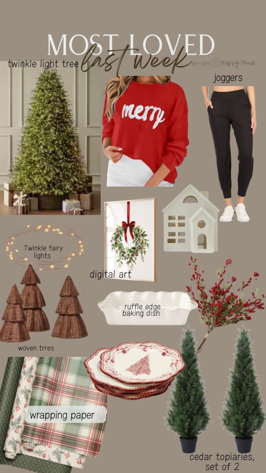 Most loved and best sellers this past week:

•viral twinkle light tree
•MERRY shirt
•athletic joggers 
•battery twinkle lights 
•digital artwork
•ceramic houses
•woven trees
•ruffle edge bakeware 
•berry stem bundle
•gift wrap 
•Christmas plates 
•cedar topiaries, set of 2 


#LTKSeasonal #LTKHoliday #LTKHome