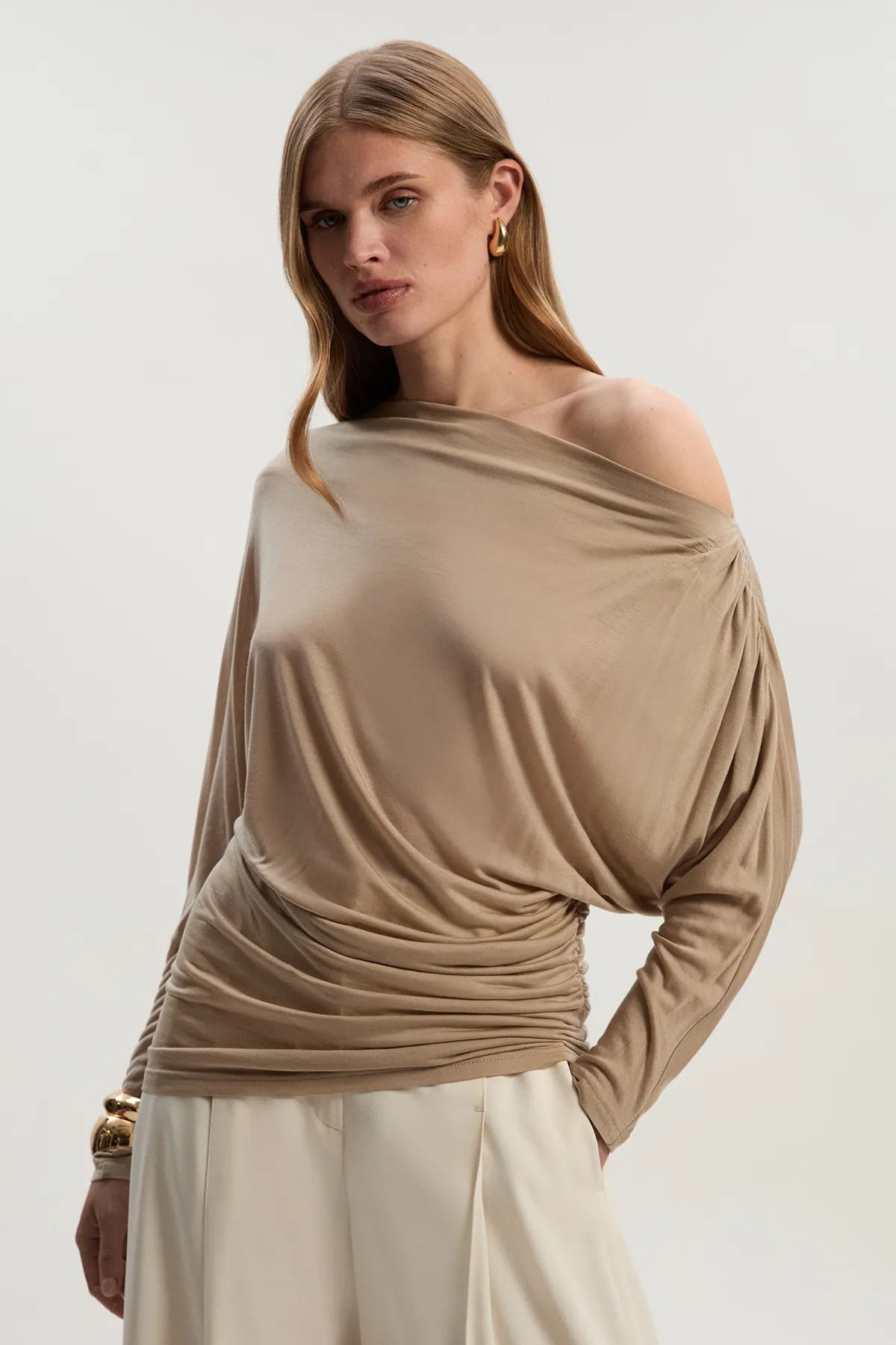 Tencel Ruched Asymmetric Neck Long Sleeve Top | Karen Millen UK + IE + DE + NL