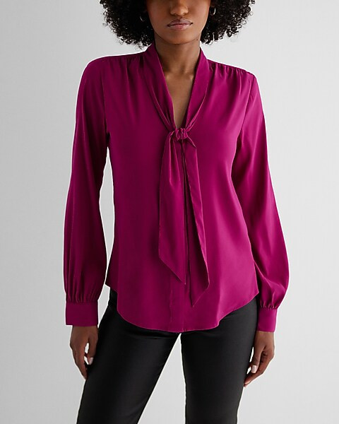 Satin Long Sleeve Tie Neck Relaxed Portofino Shirt | Express