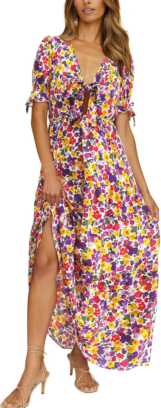 BTFBM Women's 2023 Summer Boho Dress Tie Front Deep V Neck Cutout Short Sleeve Floral Casual Part... | Amazon (US)