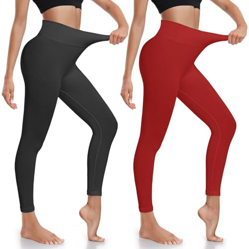 Workout Leggings for Women Tummy Control Ribbed Seamless Gym Leggings High Waist Compression Yoga Pants Black Red | Amazon (US)