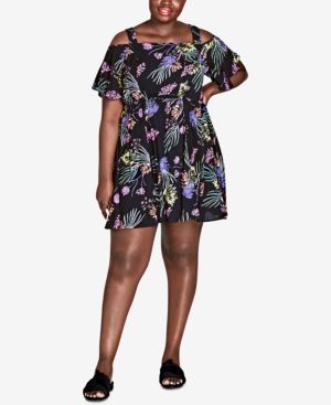 City Chic Trendy Plus Size Printed Cold-Shoulder Dress | Macys (US)