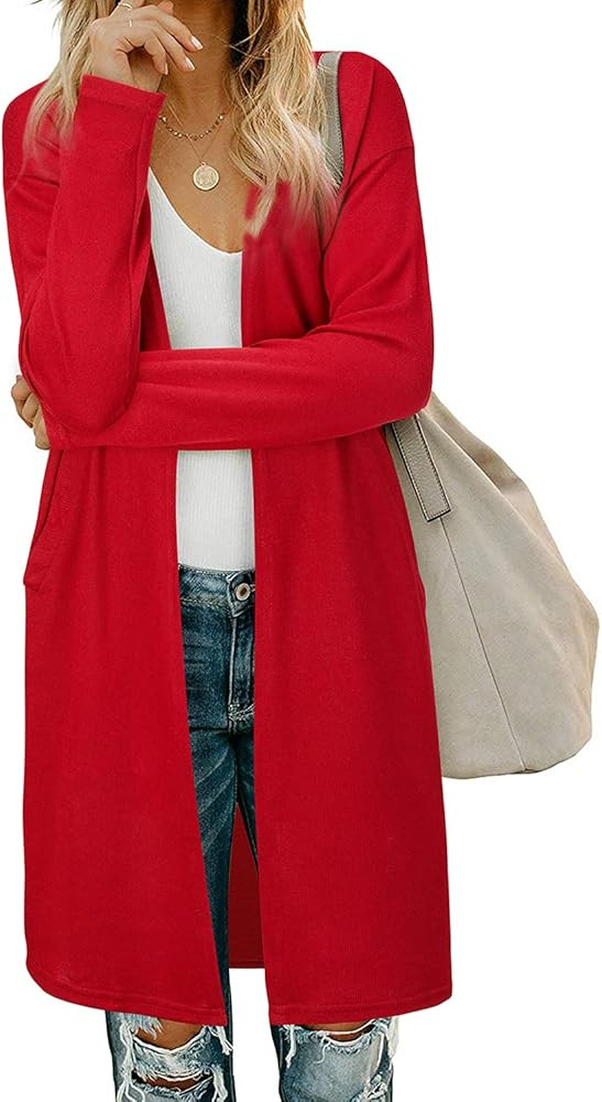 OUGES Women's Open Front Cardigan Shirt with Pockets Long Sleeve Lightweight Coat | Amazon (US)