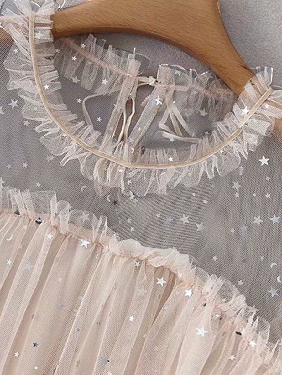 Flounce Sleeve Frill Trim Star Sequin Mesh Dress | SHEIN