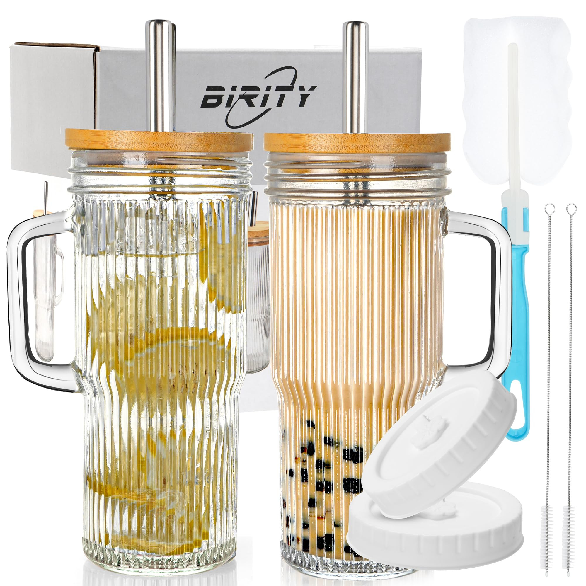 Birity 24oz Ribbed Glass Cup with Lids and Straws,2Pack Glass Tumbler with Handle,Reusable lced C... | Amazon (US)
