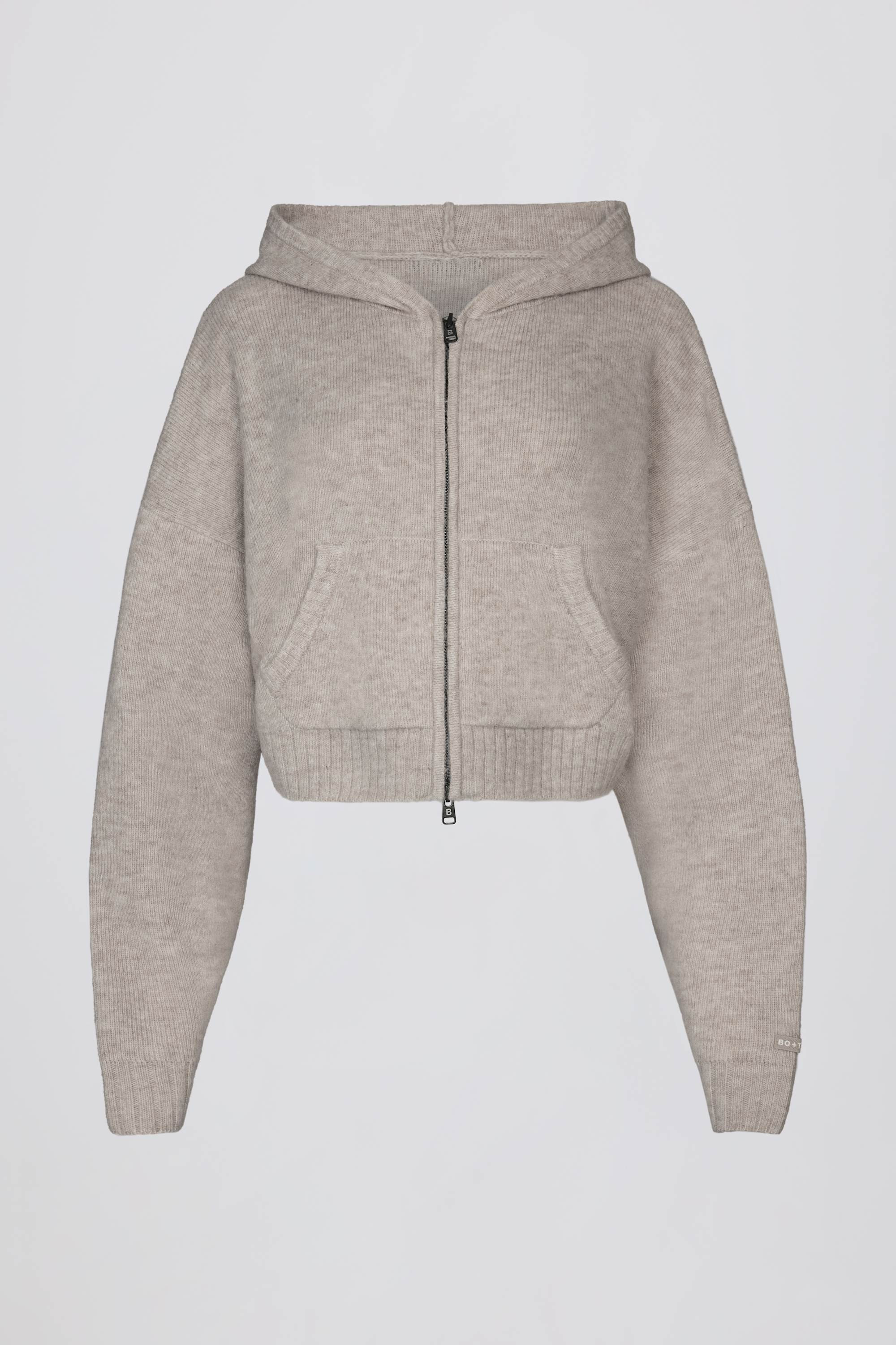 Zip-Up Cropped Knit Hoodie in Beige | Bo&Tee