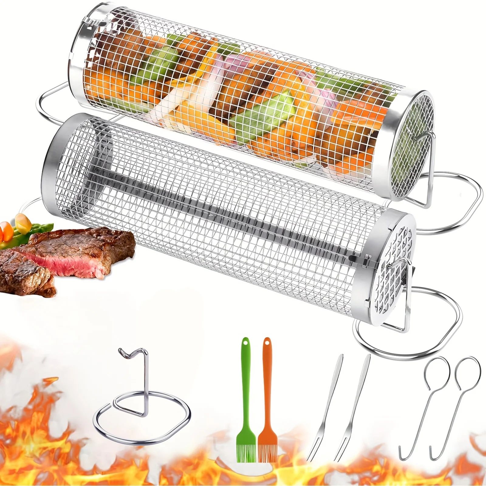 Rolling Grill Baskets for Outdoor Grilling, 2 Pcs Stainless Steel Grill Mesh, Rolling Grill Baske... | Walmart (US)