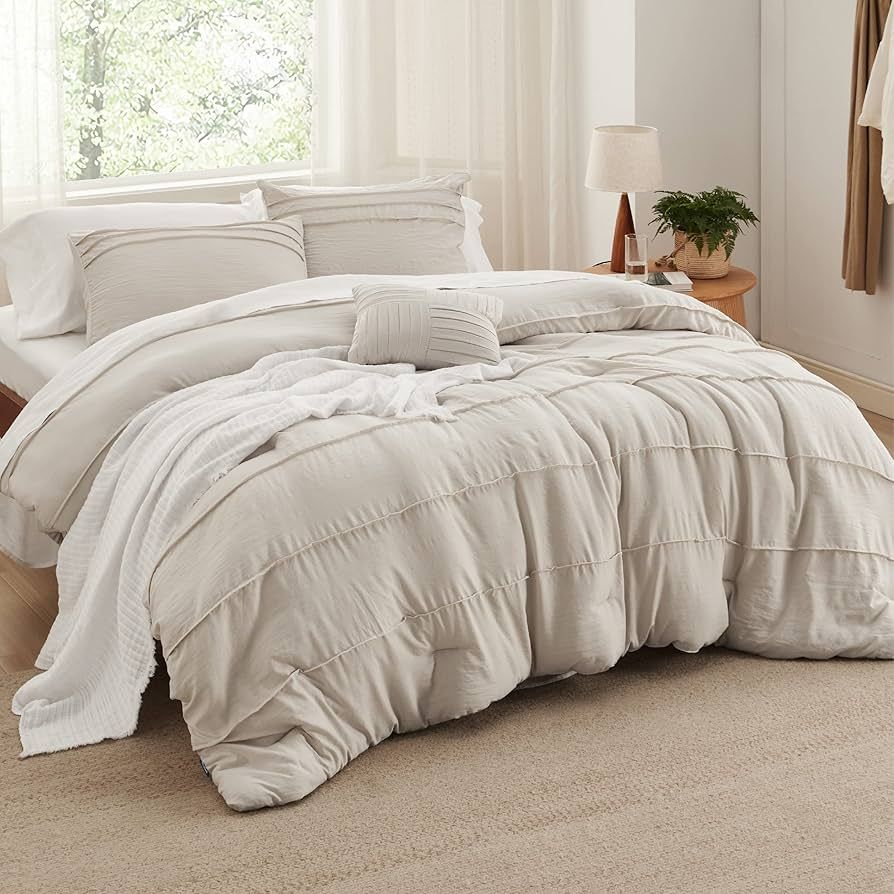 Bedsure Beige Queen Comforter Set - 4 Pieces Pinch Pleat Bed Set, Down Alternative Bedding Sets f... | Amazon (US)