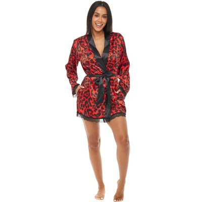ADR Women's Leopard Print Robe, Knee Length, Satin, Lace Trim Red Leopard Medium | Target