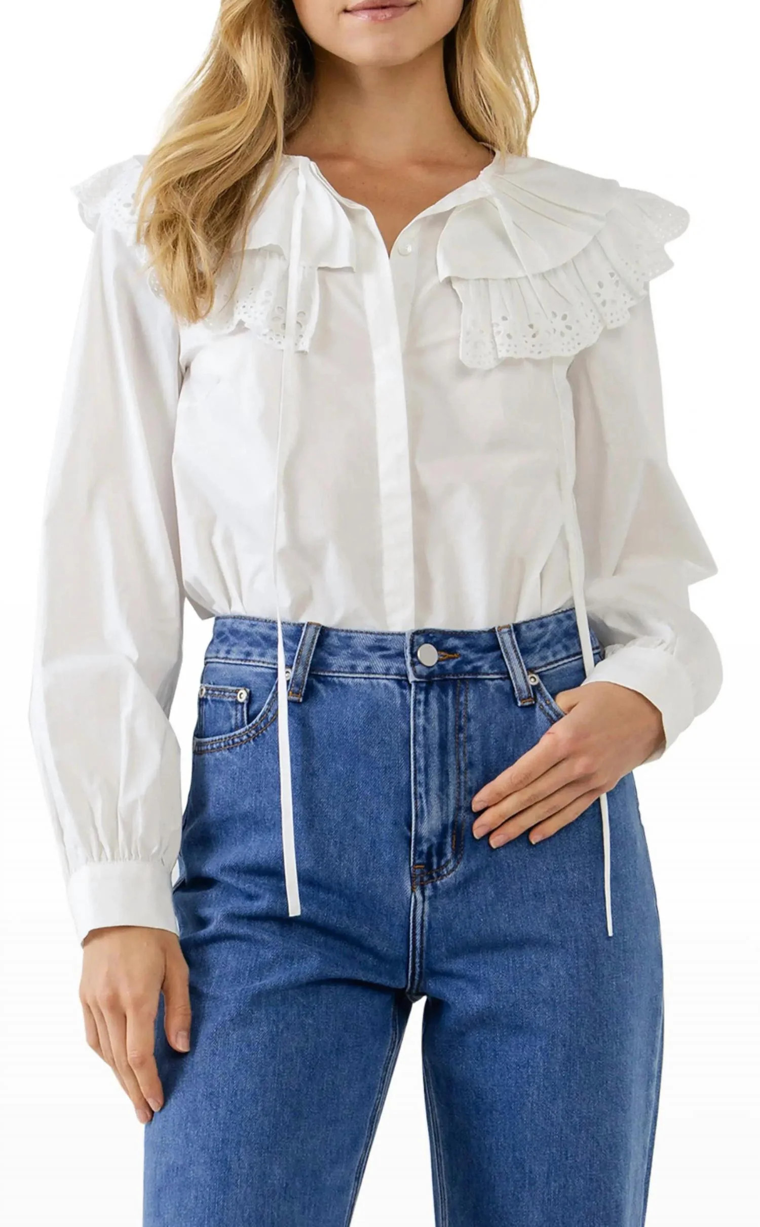 Eyelet Scallop Detail Shirt In White | Shop Simon