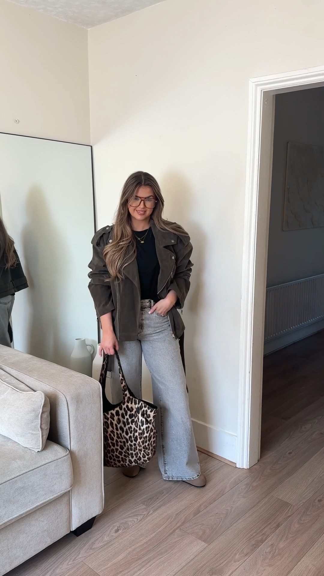 Spring outfit 
Spring style, suede jacket, boohoo ,Birkenstock , wide leg jeans, leopard print , size 10 

#LTKuk #LTKFashionMonth #LTKeurope