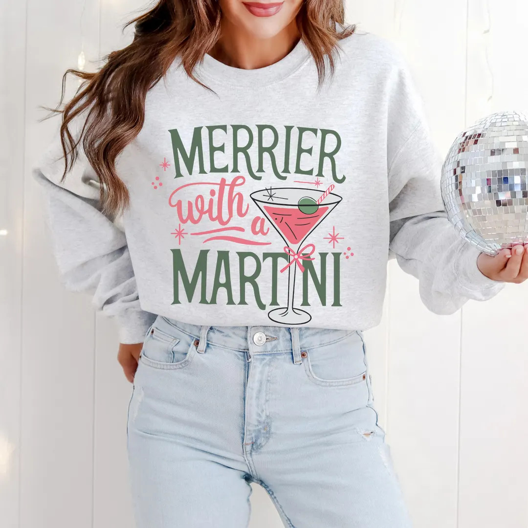 Merrier With a Martini Retro Christmas Sweatshirt, Funny Holiday Cocktail Sweater, Vintage Xmas P... | Etsy (US)